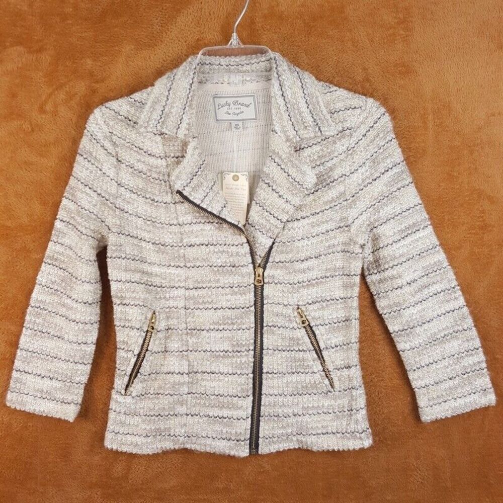 LUCKY BRAND Womens Jacket XS Tan Moto Zip Up Striped Sweater Knit Pockets